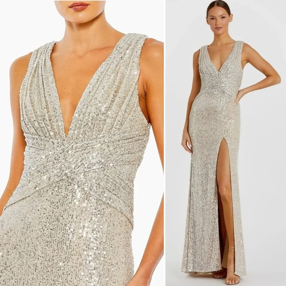Mac Duggal Silver Sequin V Neck Wrap Gown Nude Formal Evening Dress 10 NWT - Picture 2 of 12